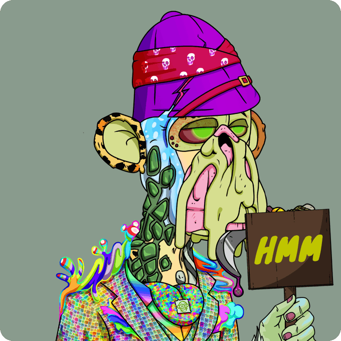 https://www.google.com/search?q=captions+for+these+10+images&num=10&udm=2

A vibrant, surreal digital illustration depicts a grotesque zombie-like character with green skin and multiple eyes, wearing a purple beanie with a red skull-patterned bandana. The character holds a wooden sign reading 'HMM' and wears a colorful, patterned jacket with psychedelic green slime dripping from its mouth.