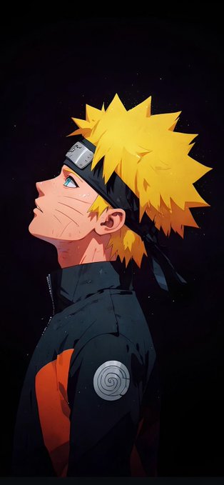 An anime-style illustration depicts Naruto Uzumaki with his signature spiky blonde hair and whisker-like facial markings, gazing upward against a dark, starry background while wearing his orange and black jacket.
