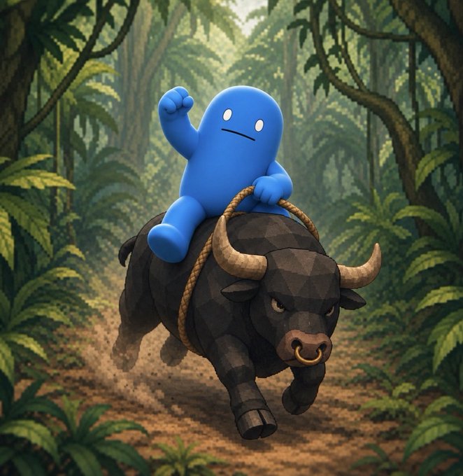A 3D-rendered illustration depicts a blue cartoon character with a determined expression riding on the back of a running dark grey bull with a nose ring, set against a lush green jungle background.