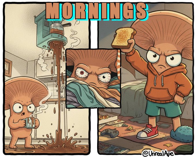 A cartoon comic titled "MORNINGS" by @UnrealApe shows a mushroom-headed character going through a chaotic morning routine—spilling coffee, glaring awake from bed, and reluctantly holding a piece of toast—capturing the groggy, irritable "gm" (good morning) mood perfectly.