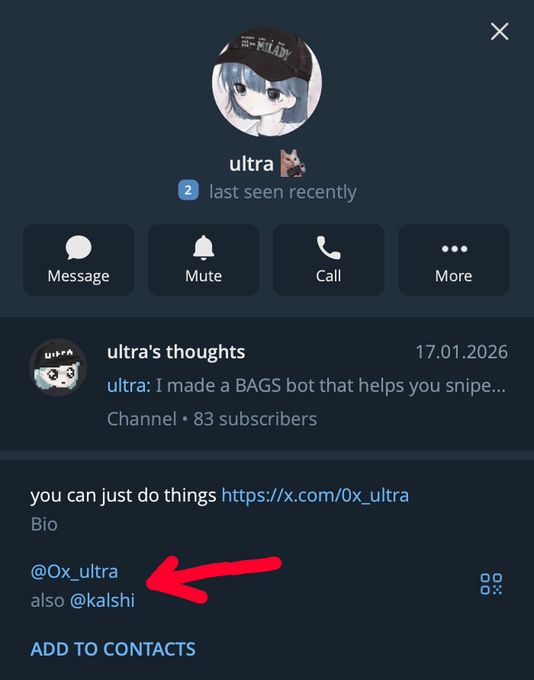 A Telegram profile page for user 'ultra' featuring an anime avatar in a cap, with a red arrow pointing to the bio mentioning '@Ox_ultra' and '@kalshi'.