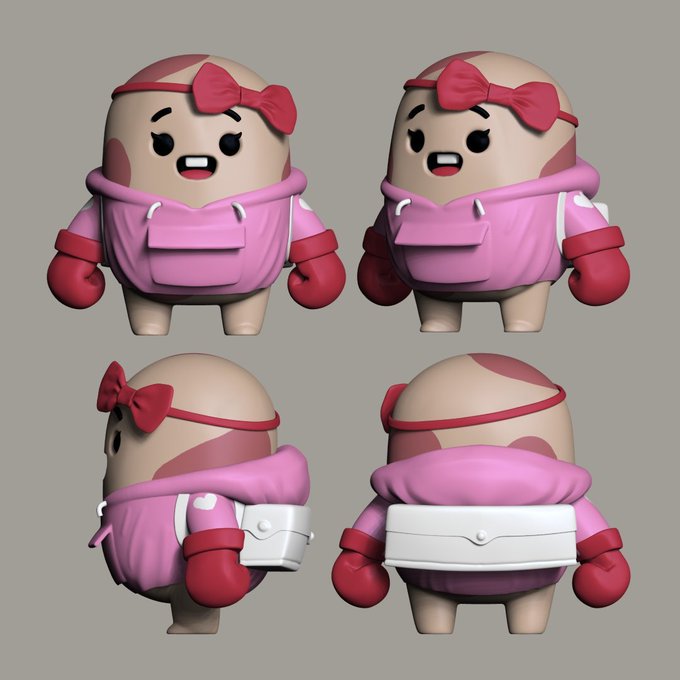 A 3D character model sheet displays four views (front, three-quarter, side, and back) of a cute, egg-shaped mascot with a grumpy expression, wearing a pink hoodie, red bow headband, and red boxing gloves, with a white satchel bag. The character's determined, slightly annoyed expression pairs well with the casual "Gm if you gm" morning greeting, adding a playful, feisty edge to the friendly "good morning" message.