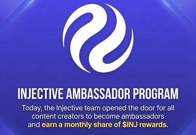 The image features a blue background with white text that reads "Injective Ambassador Program". Below this, there are two lines of text providing information about the program. The first line states that the program is open for all content creators to become members. The second line explains that participants can earn $INJ rewards by sharing their content on social media and becoming members themselves.