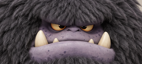 A close-up of a 3D animated furry monster character with dark gray fur, purple skin, sharp yellow eyes, and prominent ivory tusks protruding from its lower jaw.