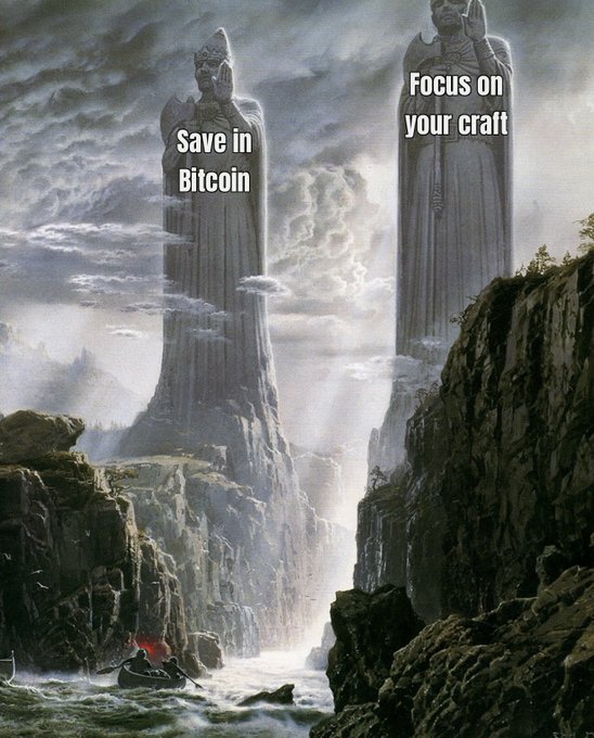 Fantasy artwork of two towering statues labeled 'Save in Bitcoin' and 'Focus on your craft' looming over a small boat navigating a river through a rocky canyon.