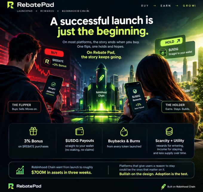 A promotional graphic for RebatePad on the Robinhood Chain, describing the platform's launchpad and token rewards, noting that Robinhood Chain reached $700M in assets in three weeks.