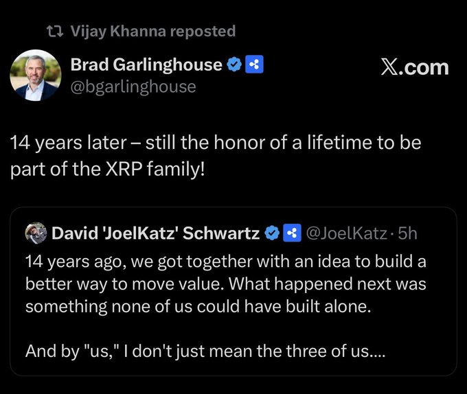 The image shows a Twitter post with two lines of text, one from David Joel Katz and another from Brad Garlinghouse. Both posts are about the XRP family, which is an interesting topic for discussion. The Twitter post also includes a link to a website called "X.com".