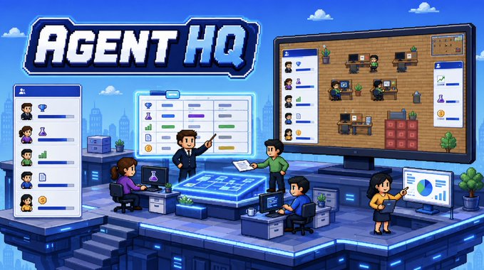 A promotional banner for a game called 'AGENT HQ' featuring cartoon characters working in a digital office environment with various dashboards and computer screens.