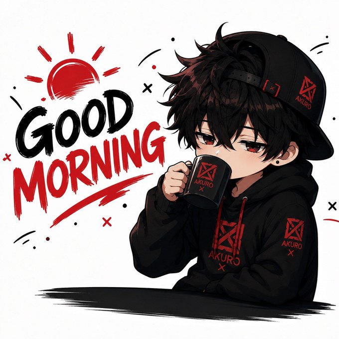 An anime-style illustration features a dark-haired boy wearing a backwards black cap and a black hoodie, both displaying the red 'AKURO' logo, as he drinks from a matching black mug next to 'GOOD MORNING' text and a red sun graphic.