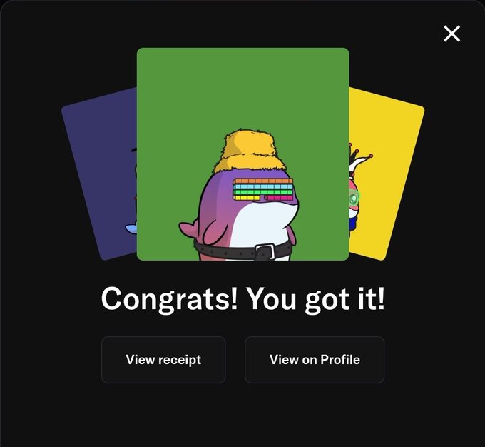 A digital card reveal screen displays "Congrats! You got it!" featuring a cartoon whale character wearing a yellow beanie and rainbow visor against a green background, with buttons to "View receipt" or "View on Profile." The image showcases the successful acquisition of a whacky_whales NFT card, matching the post's celebratory announcement of sweeping 8 more collectibles during a coffee break.