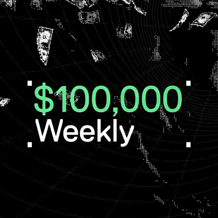 An advertisement featuring the text "$100,000 Weekly" floating over a background of falling money and a grid pattern. The image visually illustrates the "Nado rewards" mentioned in the post by highlighting a significant weekly prize pool available to traders.