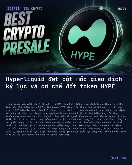 Vietnamese crypto news graphic titled 'BEST CRYPTO PRESALE' about Hyperliquid reaching a record $5.14 billion trading volume and HYPE token surpassing expectations in August.