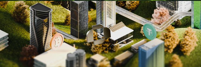A miniature cityscape with Bitcoin and Tether logos among skyscrapers and elevated infrastructure, symbolizing how UTEXO merges Bitcoin's security with real-world utility.