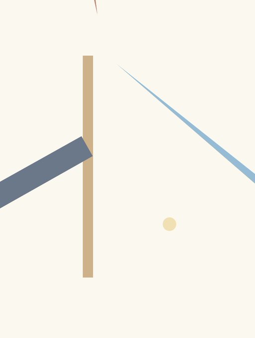 Minimalist abstract composition with a beige vertical rectangle, a dark blue angled bar, a light blue line, and a small yellow dot on a cream background.