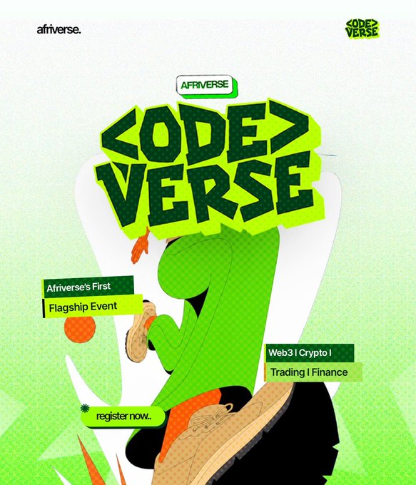 A promotional graphic for 'CODEVERSE' by 'afriverse' features bold green graffiti-style text and describes it as 'Afriverse's First Flagship Event' focused on 'Web3 | Crypto | Trading | Finance'.