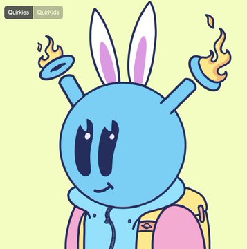 The image features a cartoon character wearing a backpack, with a bunny head hat on its ears. The character appears to be smiling and has a backpack on their back. The background of the image is yellow, which contrasts with the blue color of the character's face. There are also two flames in the background, adding an element of fire or heat to the scene.