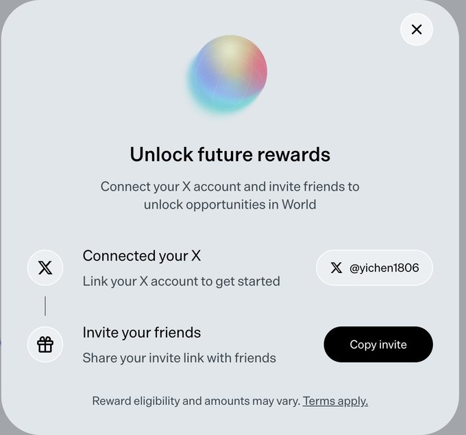 A pop-up window titled 'Unlock future rewards' asking users to connect their X account (showing @yichen1806) and invite friends to earn rewards in World.