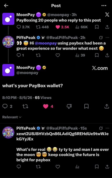 A Twitter/X post from MoonPay announcing a 'PayBoxing 20 people who reply to this post' contest, asking 'what's your PayBox wallet?', with replies from users including @RealPiffsPeak.