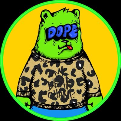 A circular cartoon logo featuring a green bear character wearing leopard-print clothing and blue 'DOPE' sunglasses, sticking out its tongue, bordered in green and yellow.
