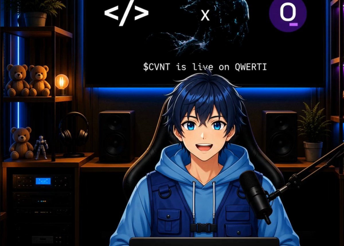 The image features a cartoon boy sitting at a desk with a microphone, wearing headphones, and smiling for the camera. The background shows a TV screen displaying text related to a gaming event or competition. A caption below the image reads "Big News Everyone! @Qwerti AI × @OpenCovenantOfficial Partnership is LIVE! You can now buy $CVNT directly from Covenant's token page using the Qwerti Widget - supports 70+ chains + Credit Card & Apple Pay".
