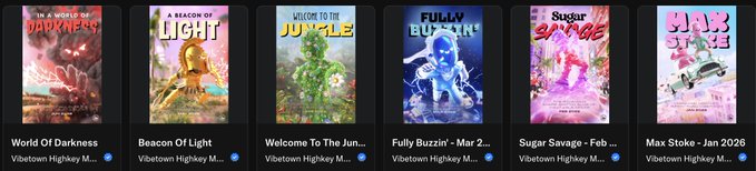 Six digital card thumbnails from Vibetown Highkey M... series featuring titles: 'World Of Darkness', 'Beacon Of Light', 'Welcome To The Jungle', 'Fully Buzzin - Mar 2024', 'Sugar Savage - Feb', and 'Max Stoke - Jan 2026'.