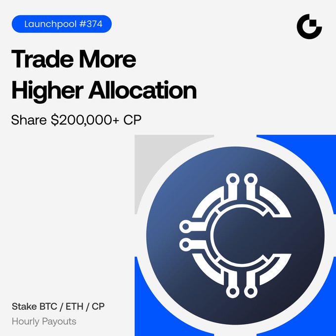 Promotional graphic for "Launchpool #374" featuring a stylized "C" logo, advertising a trade-based staking campaign where users can "Trade More" to earn a higher allocation of "Share $200,000+ CP," with support for staking BTC, ETH, and CP tokens for hourly payouts. The image aligns with Cluster Protocol's launchpool event by emphasizing the multi-staking rewards structure and incentive to start trading early for greater CP allocations.