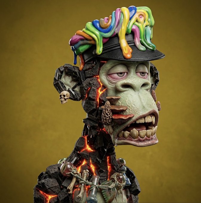 A stylized, grotesque 3D character features a cracked rocky body with glowing orange magma veins, mushrooms growing from its neck, a small skull accessory, and a black cap dripping with colorful, paint-like slime.