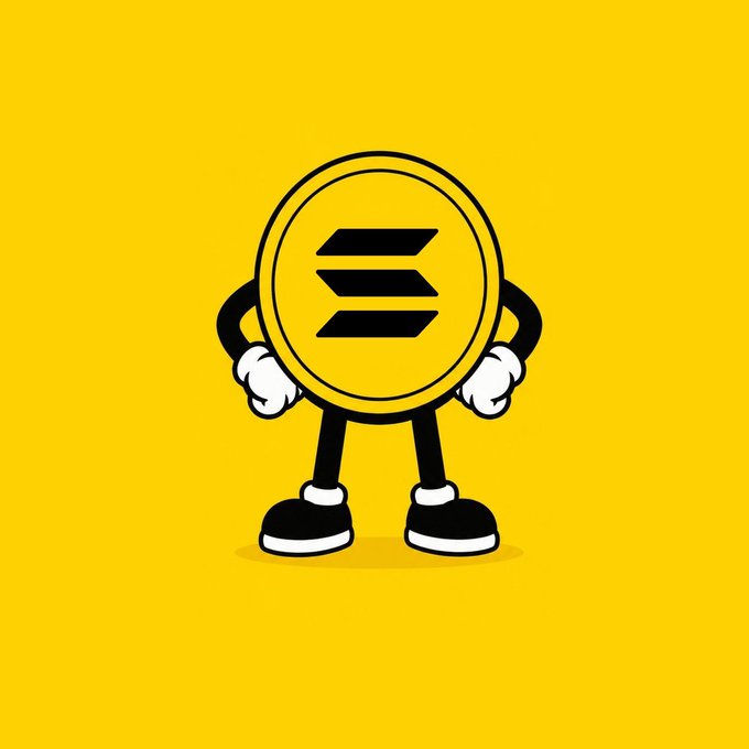A cartoon mascot of a yellow Solana coin character with arms, legs, and white gloves standing against a yellow background.