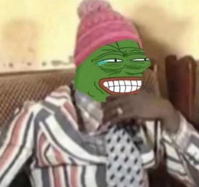 An elderly woman wearing a pink knit hat and a patterned shawl has her face replaced with the smirking Pepe the Frog meme, sitting in a wooden chair. The image humorously relates to the post about "Dangote" — a Nigerian business magnate — by using the grinning Pepe meme to mock the suggestion that his name/brand could be turned into a hyped memecoin, implying amused skepticism at the idea.