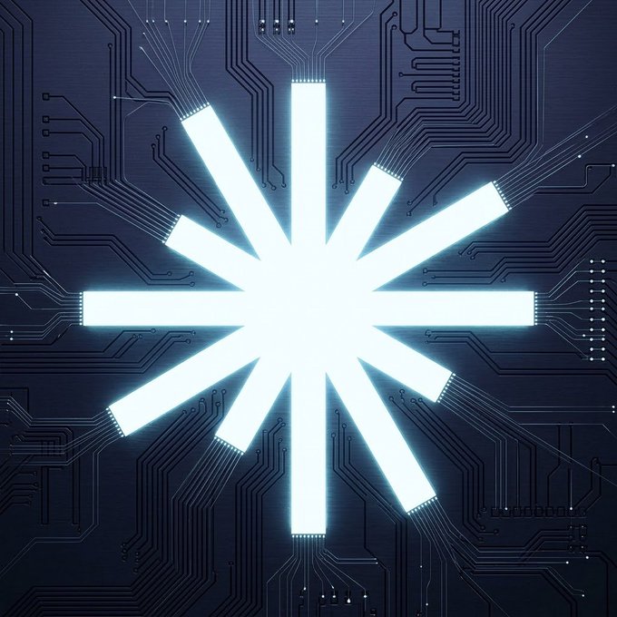A glowing white starburst or asterisk symbol illuminates against a dark blue circuit board background, representing digital technology.