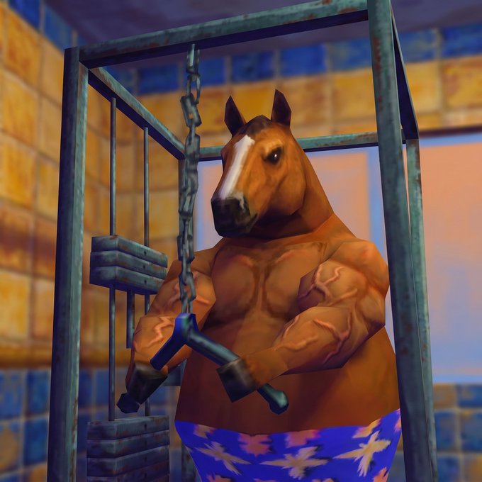 A 3D-rendered muscular anthropomorphic brown horse wearing blue floral shorts, gripping a chain inside a metal cage-like structure.