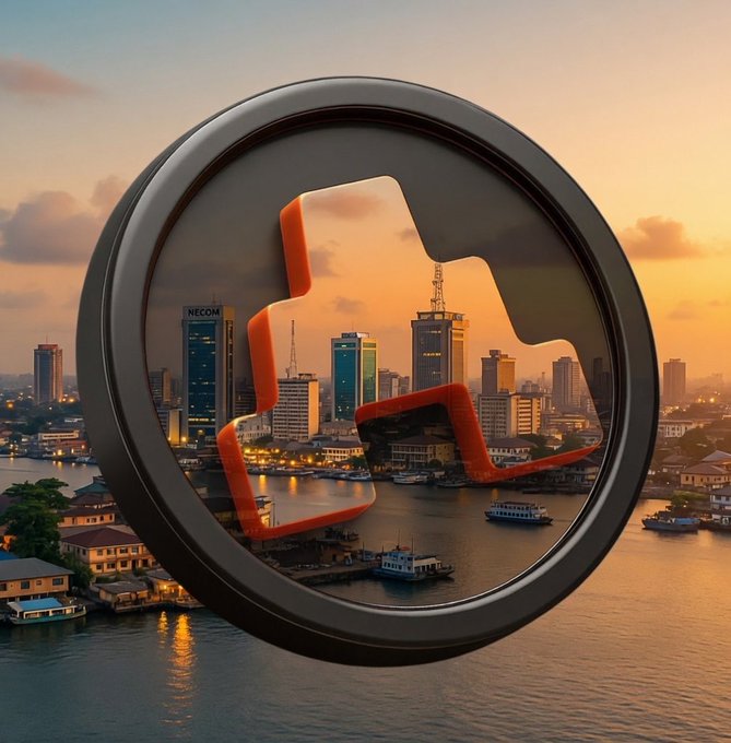 A stylized graphic featuring a circular black frame with an orange-outlined star/letter shape, set against a sunset cityscape with a waterfront, boats, and modern skyscrapers.