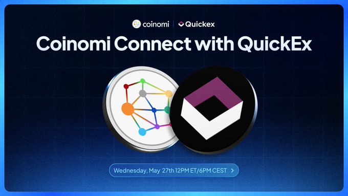 The image features a graphic poster for a cryptocurrency exchange called Coinomi. The poster displays two coins side by side against blue background with white text. One coin has a purple logo, while the other has a black and white design. In the center of the poster, there is a video call happening on Wednesday, May 27 at 6 PM, whereCoinomi's CEO and host Duane are discussing their partnership with QuickEx, a cryptocurrency exchange platform. The post also mentions that 5 winners have split $50,000 in crypto, with 3 prizes being given to Duane & his followers.