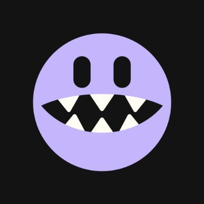 A simple illustration of a purple circular face with two oval eyes and a wide black mouth showing jagged white teeth against a black background.