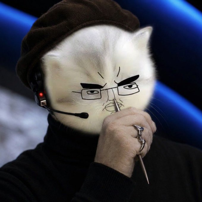A surreal image of a white cat with drawn-on angry eyebrows and glasses wearing a black beret and turtleneck, holding a pen near its face with a headset on.