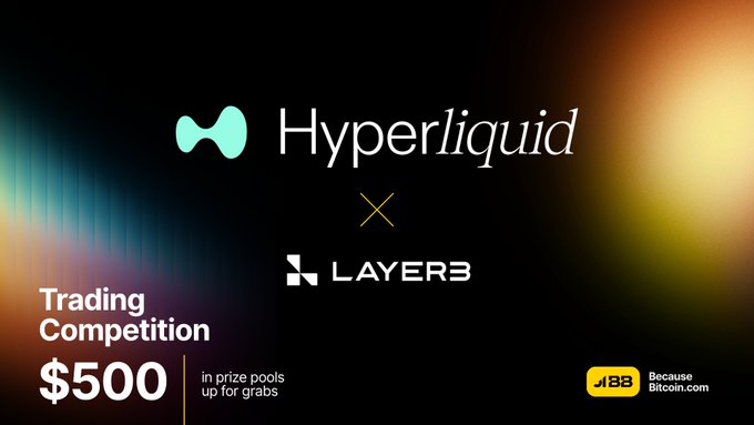 The image is a promotional graphic for a trading competition featuring the Hyperliquid and Layer3 logos, advertising $500 in prize pools. It includes the JIBB branding with the tagline "Because Bitcoin.com" and directs viewers to compete on app.layer3.xyz.