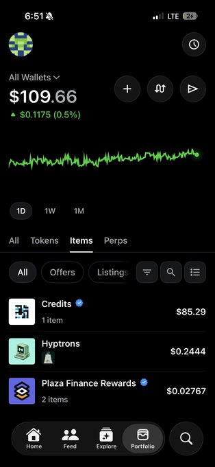 A mobile crypto wallet app screenshot showing a total balance of $109.66 (+$0.1175, 0.5%), with holdings including Credits ($85.29), Hyptrons ($0.2444), and Plaza Finance Rewards ($0.02767).