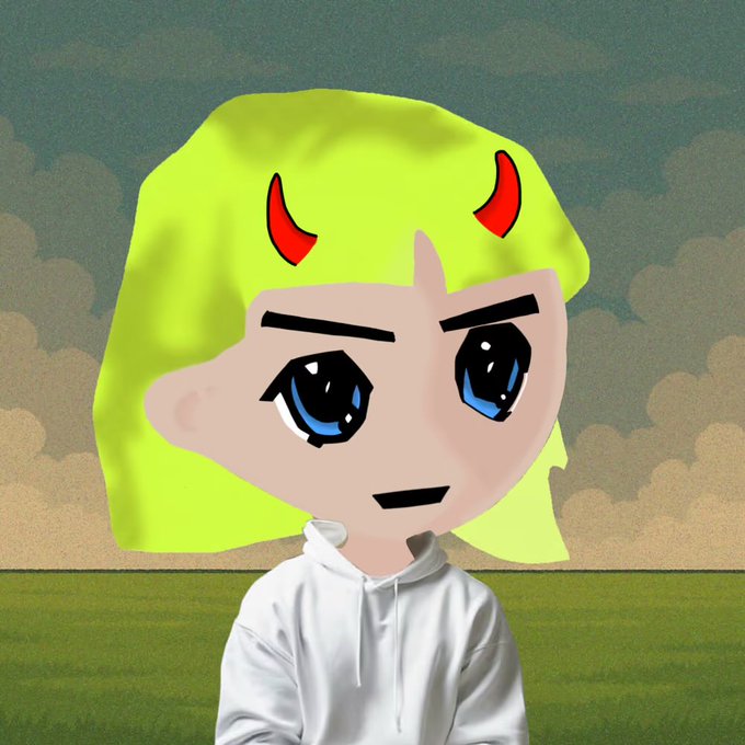 A digital illustration of a character with blonde hair and red devil horns wearing a white hoodie, set against a cloudy sky and green field background.