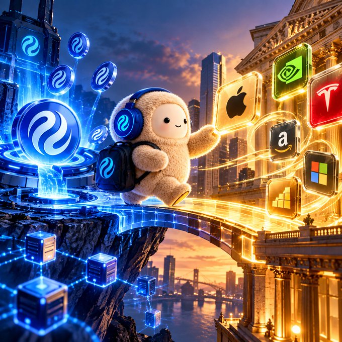A digital illustration depicts a cute fluffy creature wearing headphones standing on a glowing bridge, surrounded by floating glowing icons of major tech companies including Apple, Nvidia, Microsoft, Amazon, and Tesla.