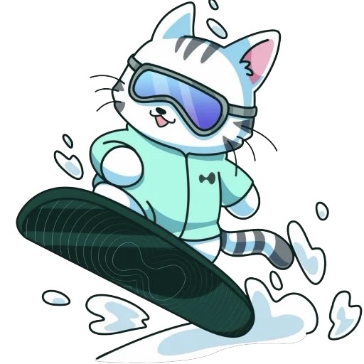 A cartoon illustration of a white cat wearing ski goggles and a teal hoodie, snowboarding on a snowy slope.