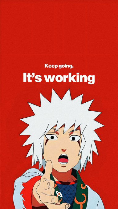 An anime character with spiky white hair points forward against a red background with the motivational text 'Keep going. It's working.'