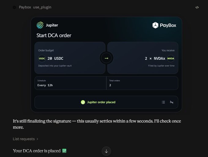 A screenshot of a cryptocurrency trading interface showing a 'Start DCA order' on Jupiter/PayBox, with an order budget of 20 USDC scheduled every 12h for 2 total orders to receive 2 NVDAx, and text confirming 'Your DCA order is placed'.