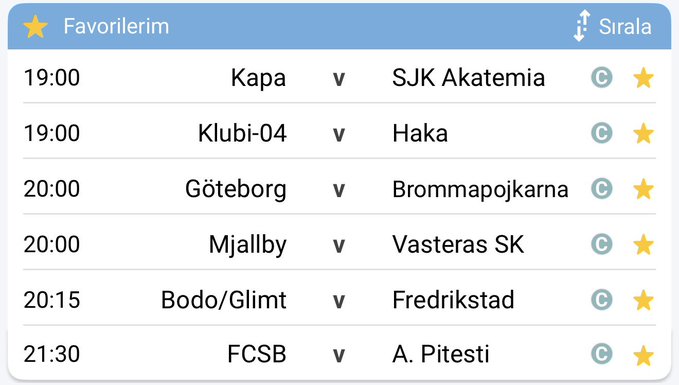 The image shows a "Favorilerim" (My Favorites) list featuring 6 football matchups scheduled between 19:00 and 21:30, including SJK Akatemia vs Klubi-04, Haka vs Göteborg, Brommapojkarna vs Mjallby, Vasteras SK vs Bodo/Glint, Fredrikstad vs FCSB, and A. Pitesti. 

This list of pre-selected matches ties to the post's claim of guaranteeing winning sports betting picks, serving as a visual lineup of the "sure win" predictions that followers are urged to favorite and trust.