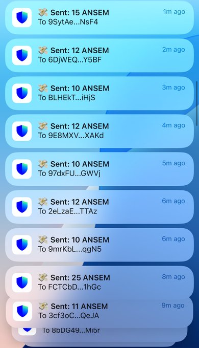 A user interface displays a series of cryptocurrency transaction records, each showing varying amounts of "ANSEM" tokens sent to different anonymous wallet addresses at sequential times from 1m ago to 9m ago. The image reflects the post's context by visually documenting the user actively distributing ANSEM tokens to multiple recipients in rapid succession.
