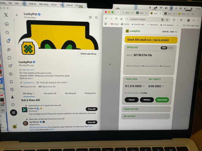 The image shows a laptop screen displaying the Twitter/X page for @Luckypot_xyz alongside the luckypot.cc/app interface, which displays "Epoch #06" status, USDC pool details (0/1,516 USDC), and interface tabs for Deposit, Withdraw, and Latest Result, illustrating a real-world application being built on the Arc blockchain.