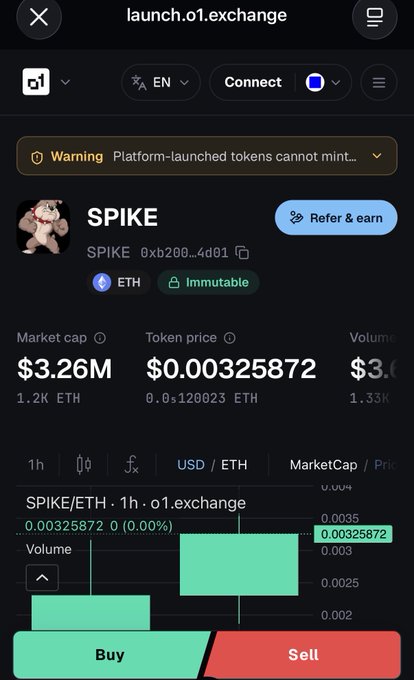 A screenshot of the launch.o1.exchange token page for $SPIKE (contract 0xb200...4d01) showing a market cap of $3.26M, token price of $0.000325872, and trading volume around $3.6K, which the post uses as evidence to call out the creator for misleading followers about the connection between this token and the legitimate Spike the Iguana memecoin.