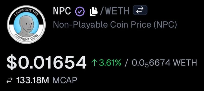 Cryptocurrency price display showing 'Non-Playable Coin Price (NPC)' with the NPC/WETH trading pair valued at $0.01654, up 3.61%.