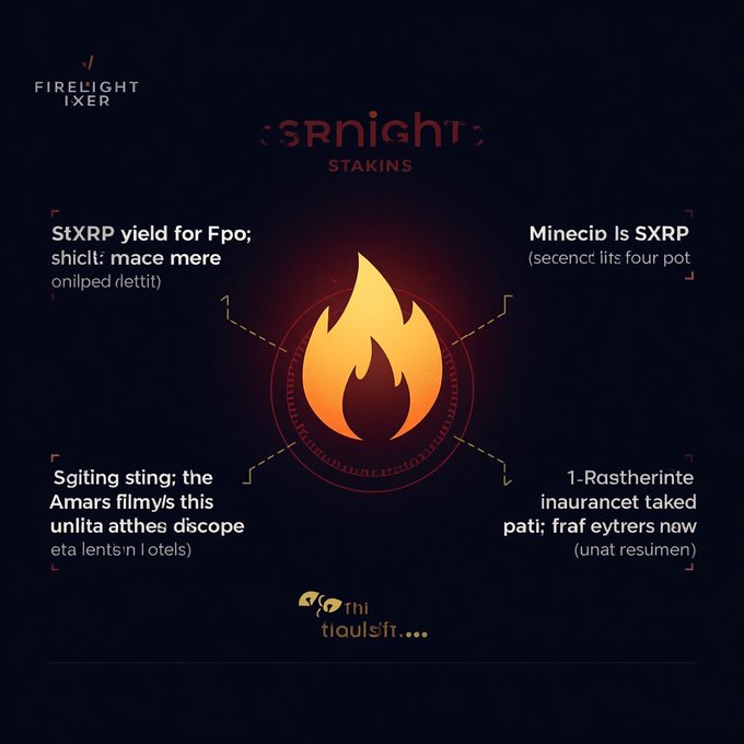 A poster with a red firehite flame is set against a dark background with the words "@Firelight fi" in white text above and below the flame, and "Yield for FAsset stakers..." written underneath it. The poster explains that Firelight uses stakers to generate yield on stXRP by capturing fees paid when the token is minted or redeemed. It does not provide further details about how this works.