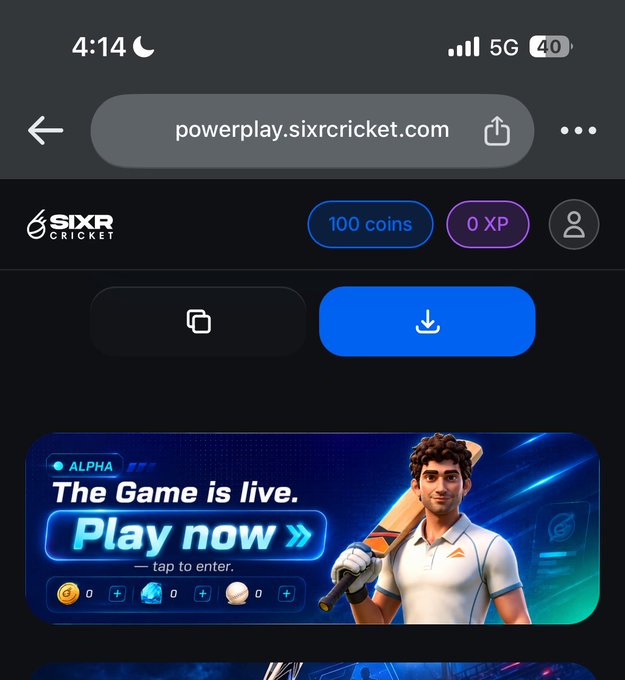 A screenshot of the website powerplay.sixrcricket.com showing '100 coins' and '0 XP', with a 'The Game is live. Play now' banner featuring a cricket player.