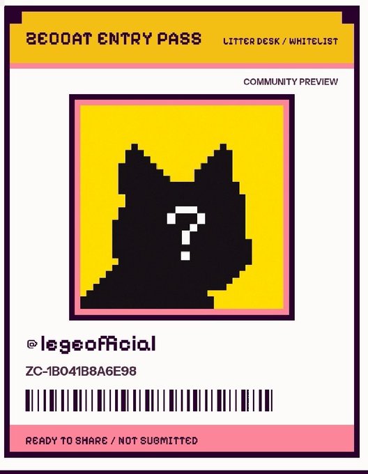 A digital 'ZEDOAT ENTRY PASS' graphic featuring a black cat silhouette with a question mark on its face and the handle '@legeofficial'.